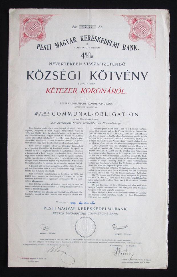 Pesti Magyar Kereskedelmi Bank k�zs�gi k�tv�ny 2000 korona 1909